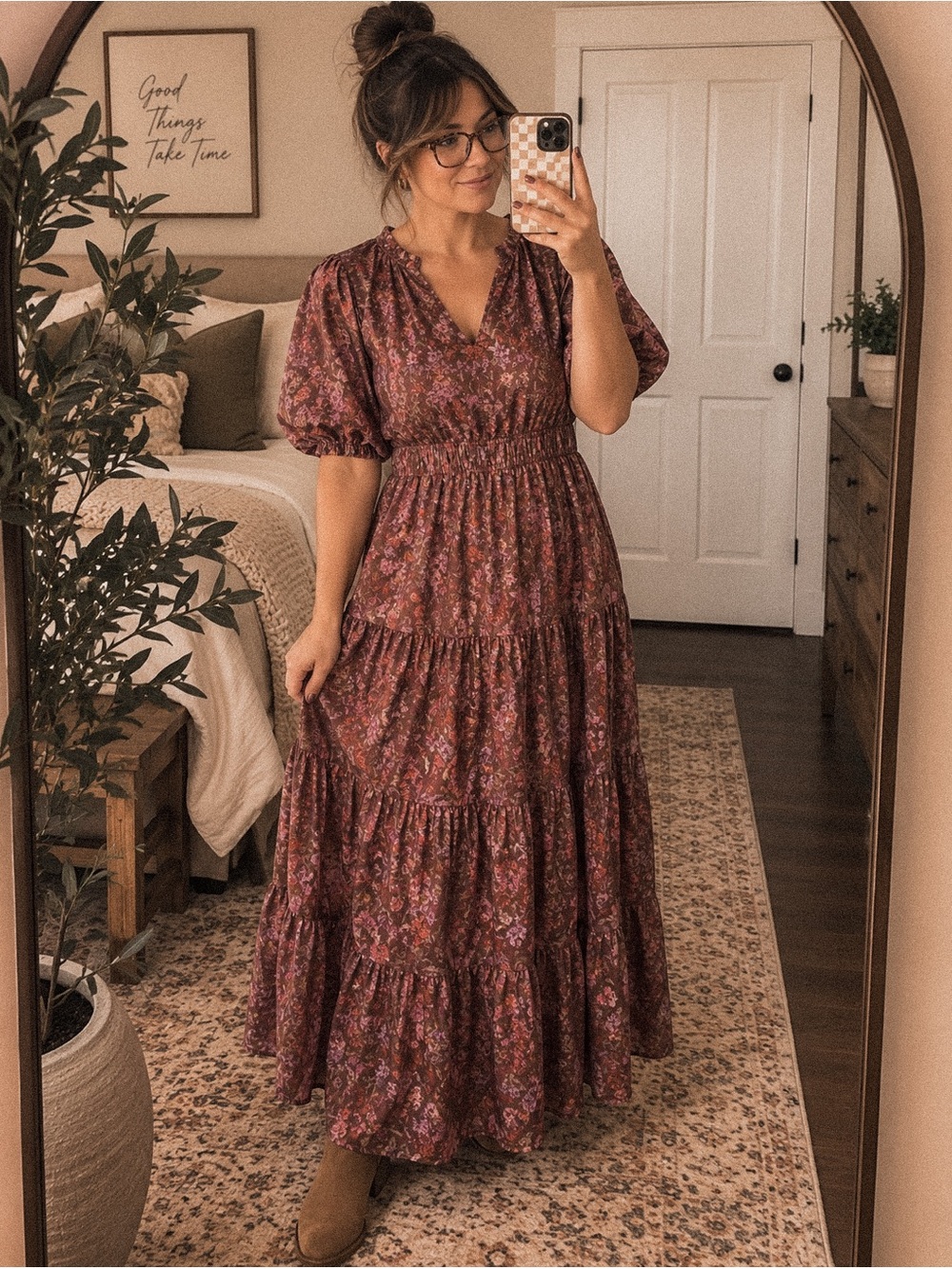 Chic Soul 1X Burgundy Floral Tiered Maxi Dress 100% Cotton Puff Sleeve